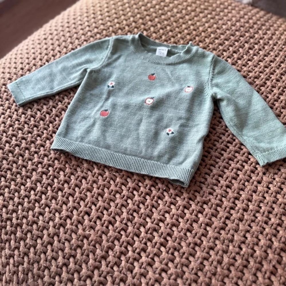 Carter’s Baby Sweater 12M Apple Embroidered Green Knit Pullover Fall Winter